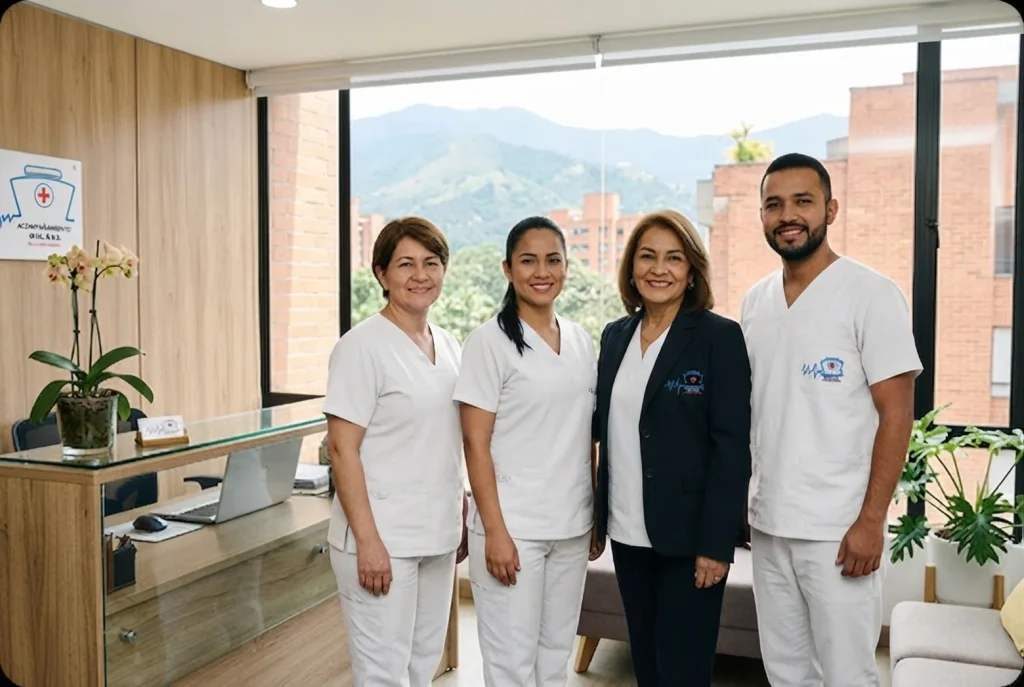 Equipo de Acompañamiento Vital en la oficina de la sede de Medellín, con la ciudad al fondo