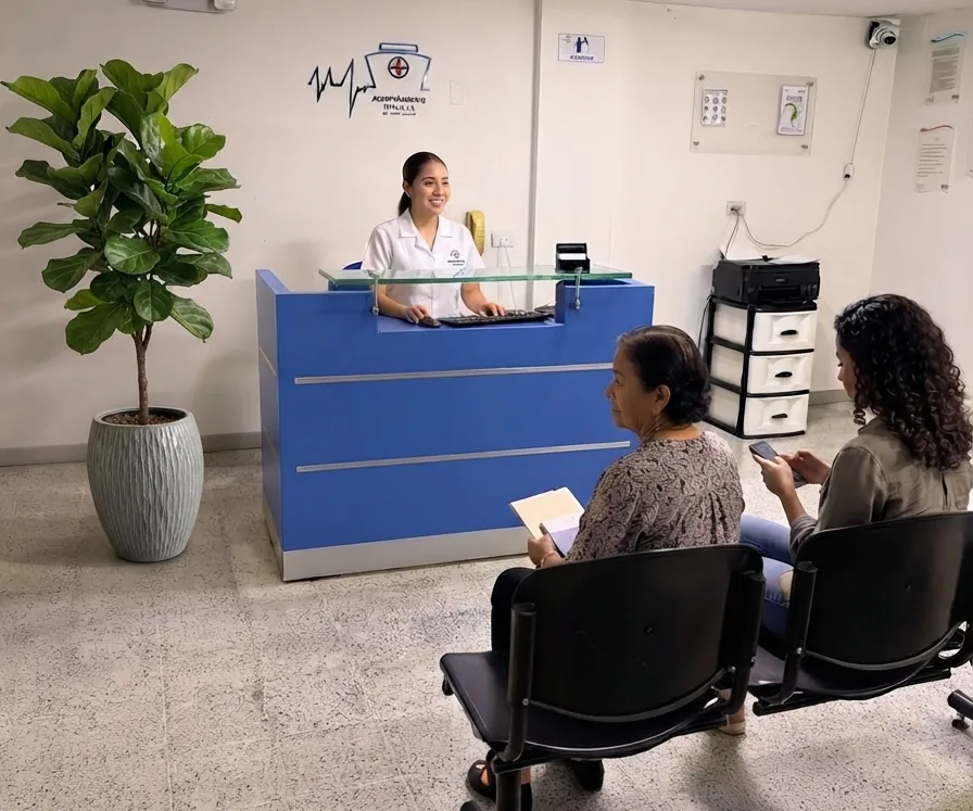 Recepcionista de Acompañamiento Vital atendiendo en el mostrador de la sede, con dos personas esperando en la sala
