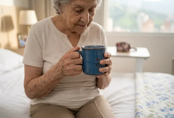 Mujer mayor sosteniendo una taza con las dos manos, sentada al borde de la cama