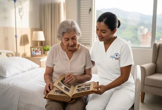Auxiliar de enfermería mirando un álbum de fotos junto a una mujer mayor, sentadas al borde de la cama