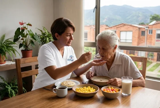 Cuidadora ayudando a una adulta mayor a desayunar en la mesa de su casa