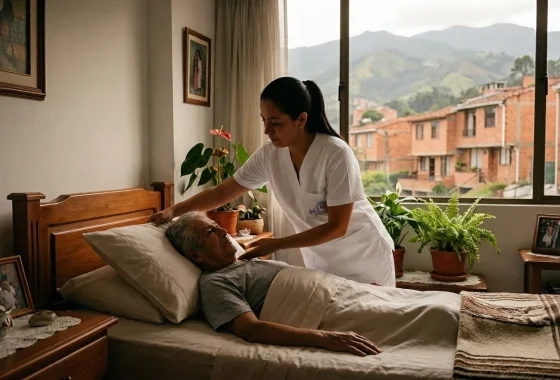 Enfermera acomodando la almohada de un paciente encamado en la habitación de su casa